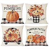PANDICORN Schwarze Buffalo Plaid Herbst Kissenbezüge 45,7 x 45,7 cm, 4 Stück, Kürbis-Patch, Blätter, Blumenmuster, Herbstdekoration, Outdoor, Herbst, Kissenbezüge, Couch