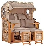 Strandkorb Teakholz Volllieger Strandstuhl Liegestuhl PE Geflecht Shell Düne TEAK Bullauge inkl. 4 Kissen+Wechselpolster - Strandkörbe aus Teak für Garten, Wintergarten und Terrassen (Dessin 510)