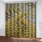 LAMPPE Thermovorhänge Wohnzimmer Modern Blickdicht 3D Geprägter Goldener Pfau Muster H 170 X B 100 cm 2 Stücke Blickdicht Schlaufenschal Verdunkelungsvorhang Vorhänge Gardinen Mit Ösen Fensterdeko