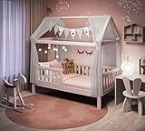 Alcube® Hausbett 160x80 mit Rausfallschutz, Lattenrost - inkl. Matratze 80x160 und Weiß Deko - Kinderbett 80x160 cm für Jungen & Mädchen - Kinder Haus Bett aus Kiefer Holz Jugendbett Massivholz Weiß