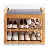 LOTIKS Shoe Bench Rack Eingangsbereich 2-stöckig Bambus-Schuh-Organizer Mit Kissen Modernes Hocker-Aufbewahrungsregal for Schlafzimmer Wohnzimmer Flur (Color : Khaki, Size : 60 * 33 * 50 cm)