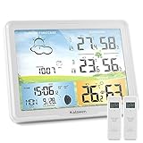 Kalawen Wetterstation Funk mit 2 Außensensor Digital Farbdisplay DCF-Funkuhr Innen und Außen Weather Station Thermometer Hygrometer Funkwetterstation mit Wettervorhersage und Mondphase (Weiß)