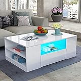 Senvoziii LED Couchtisch Wohnzimmertisch mit Regal Hochglanz Modern Beistelltisch Kaffeetisch mit 2 Schubladen 95 x 55 x 37cm (Weiß)