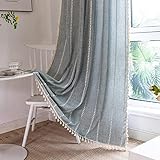 DEAMOS Boho Gardinen 2er Set Grau Blau Leinen Textur mit Quaste,Stickerei Halb Blickdichte Modern Vorhänge für Wohnzimmer Schlafzimmer,B140×H240cm