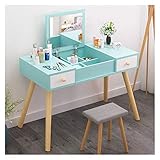 SONLED Schminktisch-Set Schminktisch mit Klappspiegel, 2-in-1 Schminktisch-Set mit gepolstertem Hocker, 2 Schubladen Schminktisch (Farbe: Blau, Größe: 90 x 45 x 112 cm)