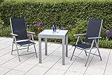 MERXX 3tlg. Amalfi Set, 2 Amalfi Klappsessel, Rückenlehne 5-Fach verstellbar, 1 Balkonausziehtisch, 65 (130) x 65 cm, Matte Glasplatte, Marineblau