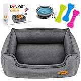 Lovpet® Hundebett Hundekissen Hundekorb Chiller, Inkl. Napf + 3X Kauknochen, Hundesofa Kissen für Kleine, Mittelgroße & Große Hunde, Bezug abnehmbar und waschbar, M 70 x 55 x 21 cm Grau