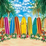 Allenjoy 1,8 x 1,8 m Stoff Sommer Surfbrett Strand Fotografie Hintergrund Hawaii Luau Tropische Blumen Palme Meer Hintergrund Aloha Party Supplies Tiki Dekoration Geburtstag Baby Shower Fotoautomat