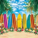 Allenjoy 1,8 x 1,8 m Stoff Sommer Surfbrett Strand Fotografie Hintergrund Hawaii Luau Tropische Blumen Palme Meer Hintergrund Aloha Party Supplies Tiki Dekoration Geburtstag Baby Shower Fotoautomat