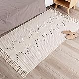 hi-home Teppich für Wohnzimmer, Boho Baumwolle Gewebte Teppiche Waschbar Badteppich Läufer mit Quasten für Schlafzimmer Eingangstür Küche Badezimmer 70x160cm(Beige)