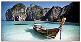 ARTland Glasbilder Wandbild Glas Bild einteilig 100x50 cm Querformat Strand Meer Südsee Boot Thailand Maya Bay KOH Phi Phi Felsen Natur T5VI