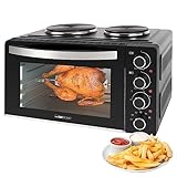 Clatronic® Mini-Backofen mit Kochplatten und Drehspieß - gleichzeitig kochen u. backen - Minibackofen 28L Umluft Ober-/Unterhitze 100°-230°C, Elektrischer Mini Ofen 3100 Watt inkl. Zubehör - KK 3786