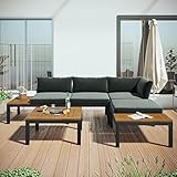 Merax Gartenmöbel Set 4-Personen, Lounge Sitzgruppe Outdoor mit Sofa Tisch, Ecksofa-Set aus Stahl und Massivholz, für Garten Balkon und Terrasse, inkl. Kissen, Gartenlounge Set, Grau