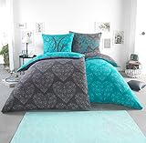 BaSaTex Microfaser Partner Bettwäsche mit Wendemotiv | 2X 135x200 Bettbezug + 2X 80x80 Kissenbezug | Mikrofaser Bettwäsche Set 4 teilig für Paare | Design: Ornaments Hearts Turquoise