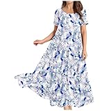 Bovake Kleid Damen weiß Women's Summer Casual Flowy Beach Square Neck Puffy Short Sleeve Smoke Back Bohemian Floral Long Maxi Dress Sommerkleid Damen Knielang Damen Sommerkleid elegant Bandeau Kleid