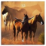 ARTLAND Wanduhr ohne Tickgeräusche Leinwand Quarzuhr 30x30 cm Quadratisch Lautlos Pferd Tiere Natur Herde Pferde Mädchen S8SQ