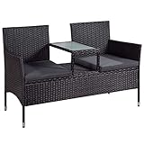 Juskys Polyrattan Gartenbank Monaco - 2-Sitzer Bank mit Tisch & Kissen - 133 × 63 × 84 cm - Rattan Sitzbank wetterfest Garten Balkon — schwarz