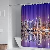 Banemi Duschvorhang Textil, Duschvorhang 120 X 180 Lila Polyester Stadtnachtansicht und Ihre Spiegelung Haushaltsduschvorhang