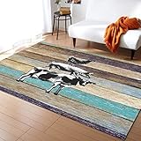Bereich Teppich Vintage Bauernhof Huhn Schwein Und Kuh Bauernhaus Blaugrün Braun Holzmaserung Bereich Teppiche Pflegeleichte Bodenmatte Antibakterielle Fußabtreter Für Flur Eingang 120X160Cm