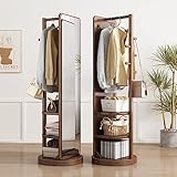 REHOOF Freistehender drehbarer Garderobenständer, hölzerner Garderobenständer mit Ganzkörperspiegel, 5 Haken, 3-stufiger Aufbewahrungsständer, einfache Montage