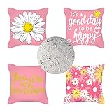 Gänseblümchen Kissenbezug 4 Stück Rosa Doppelseitig Leinen Wasserdicht Outdoor Kissen 35x35 Stuhlkissen Kissenbezüge für Deko Terrasse Patio Garten Wohnzimmer Bett Auto Sofakissen 35x35cm PJ-4767