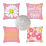 Gänseblümchen Kissenbezug 4 Stück Rosa Doppelseitig Leinen Wasserdicht Outdoor Kissen 35x35 Stuhlkissen Kissenbezüge für Deko Terrasse Patio Garten Wohnzimmer Bett Auto Sofakissen 35x35cm PJ-4767