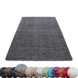 HomebyHome Shaggy Hochflor Teppich Wohnzimmer Grau 80x150 cm, Flauschiger Weich Einfarbig Wohnzimmerteppich in 14 Farben - ÖKO-TEX Zertifiziert, Schmutzabweisend und Pflegeleicht