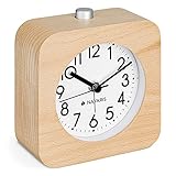 Navaris Analog Holz Wecker mit Snooze - Retro Uhr Viereck Design mit weißem Ziffernblatt Alarm - Leise Tischuhr ohne Ticken - Holzwecker Hellbraun