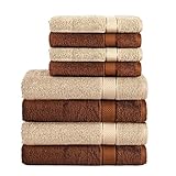 Komfortec 8er Handtuch Set aus 100% Baumwolle, 4 Badetücher 70x140 und 4 Handtücher 50x100 cm, Frottee, Weich, Towel Groß, Braun/Beige