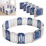 Froadp Laufstall Baby Laufgitter Faltbar Kinderzaun aus Kunststoff Spielzaun Groß Krabbelgitter mit Tür und Spielzeugboard Schutzgitter für Kinder Absperrgitter Sicherheitszaun (18 Paneele, Blau+Weiß)