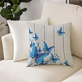 Dekorativen Zierkissenbezüge 50x50 cm,Schmetterlinge Blaue und weiße Schmetterlinge auf hölzernem Hintergrund Bau,Kissenbezüge Quadratische Kissenhülle für den Außenbereich Terrasse Garten Bank Dekor