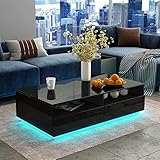 Senvoziii LED Couchtisch für Wohnzimmer, Beistelltisch Moderner Holztisch, Schwarz Glanz Kaffeetisch mit 4 Schubladen Lagerung für Zuhause