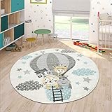 Paco Home Teppich Kinderzimmer Junge Mädchen Kinderteppich Spielteppich Kurzflor 3D Optik Berge Sterne Wolken Tiere Creme Grau Blau Gelb, Grösse:Ø 120 cm Rund