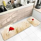 Banemi Teppich Flauschig, Küchenteppich Kitchen Rot Beige Blumenunterholz 40X60cm+40X120cm Heimtextilien