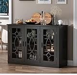 DEZAGCE Sideboard, Buffetschrank, Anrichte, Küchenschrank mit 3 gehärtete Glastüren, Kommode für Wohnzimmer, Esszimmer, Eingang, Küche, MDF, Schwarz und Geschnitztes Design, 120 * 40 * 80CM