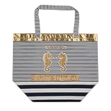 ARTEBENE Beachbag Strandtasche Strandkorb Shopper Schultertasche Handtasche Baumwolle maritimer Stil Streifen Seepferdchen Blau Weiß gestreift mit Gold