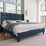 Polsterbett 140x200 mit Lattenrost Rückenlehne，Hautfreundliche Leinenmaterial, Blau, Bett Einzelbett Jugendbett(Ohne Matratze)