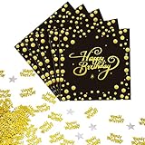 Firtink Servietten Geburtstag Schwarz Gold, 40 Stück Happy Birthday Servietten mit Geburtstag Konfetti, Glitzer Papierservietten 33x33cm Geburtstagsservietten für Geburtstag Party Deko