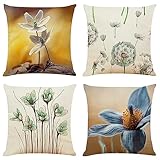 Cekog Blumen Löwenzahn wasserdichte Kissenbezugen,4 Stück 35x35cm Dekorative Outdoor Kissen Wasserfest Atmungsaktiv Doppelseitige Leinen Kissenbezüge für Garten Bauernhaus Wohnzimmer Schlafzimmer