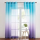 NICETOWN Wohnzimmer Gardinen Modern 2er Set -H 245 x B 140 cm Vorhang Leinenoptik Halbtransparent Voile Gardinen mit Blauen & Lila Farbverlauf Ösenvorhang Balkontür, Blau+Lila