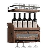 JUJOYBD Weinregal Holz mit Glashalter, Rustikales Flaschenregal hängend mit Wandablage & Korkaufbewahrung, Bar Regal Wand für 5 Weinflaschen und 4 Weingläser, Hängender Weinhalter