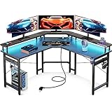 ODK Gaming Tisch 129x129 cm, Gaming Schreibtisch mit LED, PC Tisch Gaming mit 2 Steckdosen und 2 USB Ladeanschluss, Computertisch mit großzügiger Monitorablage, Kohlefaser Schwarz