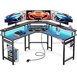 ODK Gaming Tisch 129x129 cm, Gaming Schreibtisch mit LED, PC Tisch Gaming mit 2 Steckdosen und 2 USB Ladeanschluss, Computertisch mit großzügiger Monitorablage, Kohlefaser Schwarz