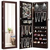 GOPLUS Schmuckschrank mit Ganzkörperspiegel, Schmuckregal mit viel Stauraum, Spiegelschrank für Ketten, Ohrringe und Schminke, verstellbarer Standspiegel, Schminkspiegel, abschließbare Tür (Braun)