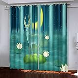 SATUSA Vorhang Blickdicht 3D Grüner Lotus-Elch Muster Ösenschal 2Er Set 234X230Cm Fenster Gardinen Mit Ösen Verdunkelungsvorhang Wohnzimmer Kinderzimmer Thermovorhang Schallschutz Vorhänge