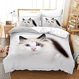 Yotta Reines Weißes Ragdoll Katzen Kinder Bettbezug Set Niedliche blauäugige langhaarige Katzen Mädchen Bettbezüge Set Haustier Kätzchen Druck Tier Thema Bettwäsche Set(Size:200x200+2x80x80cm)