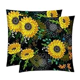 2Er Set Dekokissenbezug Vintage Gelbe Chrysanthemen-Sonnenblume Superweicher Kissenhüllen wasserdichte,Atmungsaktiv Kissenbezug Für Outdoor Cafe Couch 45X45Cm