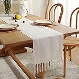 NSXIN Tischläufer Boho Vintag Beige Tischläufer mit Quasten Modernes Leinen Table Runner für Hochzeit Rustikales Zuhause Bauernhaus Modern Tabletop Dekor, 183x33cm (Grauweiß)