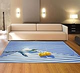 AIKARA Modern Teppich - Kurzflor Waschbar - Weich Teppich für Wohnzimmer, Schlafzimmer, Esszimmer – Blaue Streifen, Grüne Blätter - 140 * 200CM