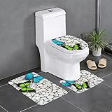 ASEELO Badezimmer-Teppich-Set, 3-teilig, mit Schmetterling, grüner Schmetterling und Stein, mit WC-Abdeckung, Badematten, U-förmige Konturenmatte, für Badezimmer, Badewanne